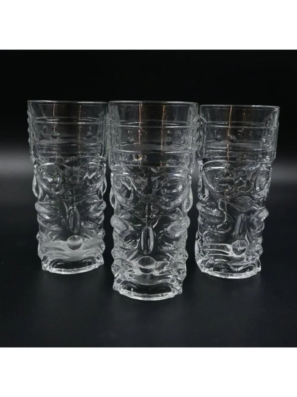Forum Tiki Face Tumbler Glasses Set of 3 Clear Hawaiian Totem Barware Highball